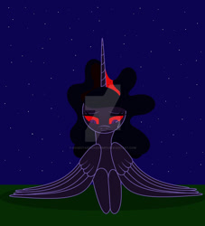 Size: 1024x1128 | Tagged: safe, artist:rosestardragonmp3, derpibooru import, twilight sparkle, oc, oc:blacklight sparkle, alicorn, closed mouth, corrupted twilight sparkle, crying, deviantart watermark, folded wings, frown, lidded eyes, looking down, lying down, night, night sky, nightmare twilight, nightmarified, obtrusive watermark, prone, purple eyes, red sclera, sky, slit eyes, solo, starry night, stars, watermark, wings