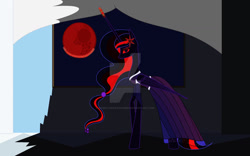 Size: 1024x641 | Tagged: safe, artist:rosestardragonmp3, derpibooru import, twilight sparkle, oc, oc:blacklight sparkle, alicorn, pony, blood moon, clothes, corrupted twilight sparkle, dress, ethereal mane, eyes closed, eyeshadow, female, folded wings, gala dress, lidded eyes, looking at you, makeup, mare, moon, nightmare twilight, nightmarified, red sclera, smiling, standing, wings