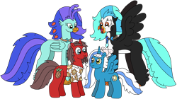 Size: 3100x1739 | Tagged: safe, artist:supahdonarudo, derpibooru exclusive, derpibooru import, oc, oc only, oc:fleurbelle, oc:icebeak, oc:ironyoshi, oc:sea lilly, alicorn, classical hippogriff, hippogriff, unicorn, 2024 community collab, bow, camera, clothes, derpibooru community collaboration, jewelry, looking at each other, looking at someone, necklace, shirt, simple background, transparent background