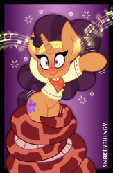 Size: 2600x4000 | Tagged: safe, artist:snakeythingy, derpibooru import, saffron masala, pony, snake, unicorn, belly button, bipedal, blushing, coiling, coils, dancing, hypnosis, hypnotic, hypnotized, music, music notes, story included
