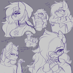 Size: 2000x2000 | Tagged: safe, artist:skyboundsiren, derpibooru exclusive, derpibooru import, oc, oc only, oc:eclipse, oc:siren andromeda, alien, alien pony, anthro, pegasus, anthro oc, aviator sunglasses, beanie, choker, clothes, computer, dialogue, doodle, drugs, facial expressions, female, glasses, goth, hat, hoodie, joint, laptop computer, male, marijuana, pentagram, short shirt, signature, sketch, sketch page, sunglasses, vulgar, writing