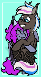 Size: 1348x2536 | Tagged: safe, artist:manticorpse, derpibooru import, oc, bat pony, pony, bat pony oc, bat wings, commission, fangs, female, hug, hugging a pony, mare, winghug, wings