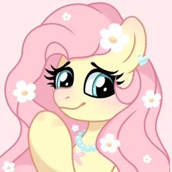 Size: 1080x1080 | Tagged: safe, artist:cstrawberrymilk, derpibooru import, fluttershy, pegasus, pony, g4, blushing, bust, cute, eyebrows, female, flower, flower in hair, looking at you, mare, pink background, raised hoof, raised leg, shyabetes, simple background, smiling, smiling at you, solo