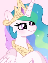 Size: 1080x1440 | Tagged: safe, artist:cstrawberrymilk, derpibooru import, princess celestia, alicorn, pony, g4, crown, cute, cutelestia, ethereal mane, female, horn, jewelry, mare, peytral, pink background, regalia, simple background, smiling, solo, wings