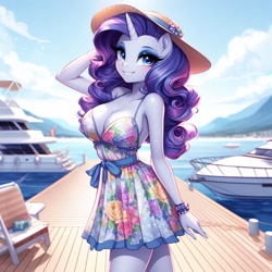 Size: 1024x1024 | Tagged: safe, ai content, derpibooru import, generator:bing image creator, generator:dall-e 3, machine learning generated, rarity, anthro, blushing, boat, breasts, cleavage, clothes, dress, female, hat, looking at you, minidress, ocean, pier, raritits, smiling, smiling at you, solo, water, yacht