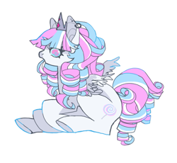 Size: 851x782 | Tagged: safe, artist:cutesykill, derpibooru import, oc, oc only, oc:marshmallow, alicorn, pony, alicorn oc, beanbrows, blue sclera, crown, ear piercing, earring, eyebrows, female, horn, jewelry, mare, open mouth, piercing, pink eyes, regalia, ringlets, simple background, sitting, small horn, small wings, solo, tiara, white background, wings