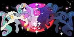 Size: 1701x850 | Tagged: safe, artist:cutesykill, derpibooru import, princess celestia, princess luna, pegasus, pony, alternate eye color, beanbrows, black background, closed mouth, duo, ethereal hair, ethereal mane, ethereal tail, eyebrows, female, flying, frown, hoof shoes, jewelry, lidded eyes, looking at you, mare, missing accessory, missing horn, pegasus celestia, pegasus luna, peytral, princess shoes, race swap, regalia, siblings, simple background, sisters, sparkles, sparkly mane, sparkly tail, stars, tail, tiara