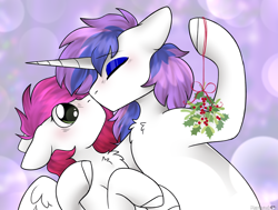 Size: 2100x1584 | Tagged: safe, artist:mariashek, derpibooru import, oc, oc only, oc:annie berryheart, oc:ellie berryheart, pegasus, pony, unicorn, g4, blue eyeshadow, christmas, duo, duo female, eyeshadow, female, fluffy, green eyes, holiday, kissing, love, makeup, mistletoe