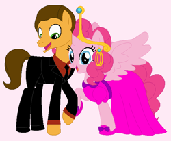 Size: 649x534 | Tagged: safe, artist:nathaniel718, derpibooru import, cheese sandwich, pinkie pie, alicorn, earth pony, pony, adventure time, business suit, cartoon network, cheesepie, clothes, cosplay, costume, crossover, crown, dress, ear piercing, earring, female, happy, husband and wife, jewelry, male, married couple, nergal, nergal and princess bubblegum, piercing, pink background, princess bubblegum, princess dress, regalia, shipping, simple background, straight, the grim adventures of billy and mandy