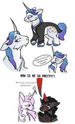 Size: 904x1500 | Tagged: safe, artist:k4iy0te, derpibooru import, fancypants, king sombra, pony, unicorn, bowtie, clothes, curved horn, dialogue, female, gay, glasses, horn, male, mare, monocle, scar, shipping, simple background, stallion, suit, teary eyes, unshorn fetlocks, white background