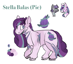 Size: 1750x1548 | Tagged: safe, artist:k4iy0te, derpibooru import, maud pie, starlight glimmer, oc, oc:stella balas pie, earth pony, pony, unicorn, blaze (coat marking), chest fluff, cloven hooves, coat markings, curved horn, facial markings, female, flower, flower in hair, horn, injured, leg scar, lesbian, magical lesbian spawn, mare, mouth on side of face, offspring, open mouth, parent:maud pie, parent:starlight glimmer, parents:starmaud, raised hoof, raised leg, reference sheet, scar, scarred, shipping, simple background, slit eyes, smiling, starmaud, white background