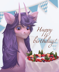 Size: 1280x1536 | Tagged: safe, artist:unten, derpibooru import, oc, oc only, pony, birthday, birthday cake, blueberry, cake, ear fluff, ears, female, food, happy birthday, horns, mare, raspberry, solo, strawberry, tongue, tongue out