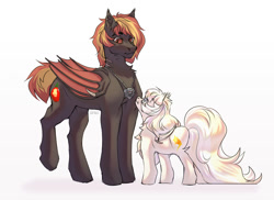 Size: 1280x933 | Tagged: safe, artist:unten, derpibooru import, oc, oc only, bat pony, earth pony, pony, chest fluff, duo, ear fluff, ears, female, height difference, jewelry, male, mare, necklace, scar, simple background, stallion, white background