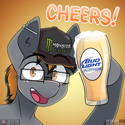 Size: 2160x2160 | Tagged: safe, artist:difis, derpibooru import, oc, oc:lightning blaze, pegasus, pony, alcohol, auction, auction open, beer, bud light, bud light platinum, cap, commission, drink, ear piercing, energy drink, glasses, happy, hat, monster energy, piercing, solo, ych example, ych result, your character here