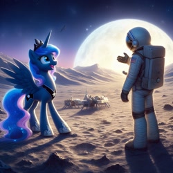 Size: 1024x1024 | Tagged: safe, ai content, derpibooru import, generator:dall-e 3, machine learning generated, princess luna, alicorn, human, pony, astronaut, duo, ethereal mane, ethereal tail, female, happy, hoof shoes, jewelry, looking at each other, looking at someone, luna and the nauts, machine, mare, moon, open mouth, open smile, regalia, satellite, smiling, space, space helmet, spacesuit, spread wings, tail, wings, wrong cutie mark