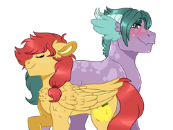Size: 1600x1200 | Tagged: safe, artist:artistcoolpony, derpibooru import, oc, oc only, oc:ginger gold, oc:tanzanite, dracony, hybrid, pegasus, pony, blushing, chest fluff, duo, duo male and female, female, interspecies offspring, male, mare, oc x oc, offspring, offspring shipping, parent:applejack, parent:rarity, parent:soarin', parent:spike, parents:soarinjack, parents:sparity, shipping, simple background, smiling, stallion, straight, transparent background