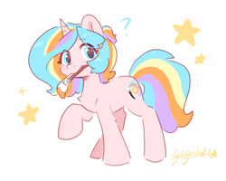 Size: 1280x1024 | Tagged: safe, artist:colorfulcolor233, derpibooru import, oc, oc only, oc:oofy colorful, pony, unicorn, female, mare, paintbrush, question mark, raised hoof, raised leg, simple background, solo, stars, white background