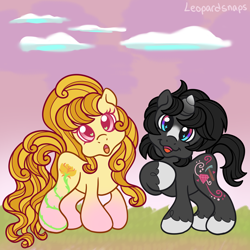 Size: 3000x3000 | Tagged: safe, artist:leopardsnaps, derpibooru import, oc, oc only, oc:crystal nightshine, oc:golden rose, earth pony, unicorn, g3, g3.5, cloud, curious, curly hair, duo, gradient horn, gradient legs, grass, hoof on chest, horn, looking at you, outdoors, short tail, sky, smiling, tail, unshorn fetlocks