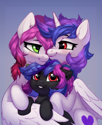 Size: 2892x3546 | Tagged: safe, artist:taneysha, derpibooru import, oc, oc only, oc:annie berryheart, oc:ellie berryheart, pegasus, pony, unicorn, g4, baby, baby pony, black eyeshadow, blushing, bowtie, cute, eyeshadow, family, female, foal, green eyes, hug, lesbian, long eyelashes, love, makeup, red eyes, smiling, trio, wings