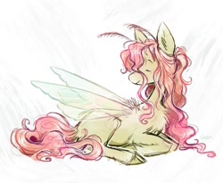 Size: 1075x882 | Tagged: safe, artist:lutraviolet, derpibooru import, fluttershy, hybrid, insect, pony, antennae, chest fluff, female, hybird, insect wings, lying down, mare, prone, solo, species swap, transparent wings, wings