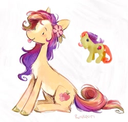 Size: 1205x1145 | Tagged: safe, artist:lutraviolet, derpibooru import, apple spice, pony, g1, chest fluff, female, flower, flower in hair, mare, solo, tongue, tongue out, toy interpretation, unshorn fetlocks