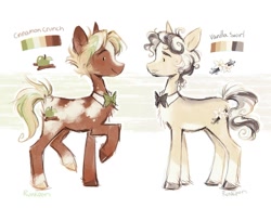 Size: 1504x1158 | Tagged: safe, artist:lutraviolet, derpibooru import, oc, oc only, oc:cinnamon crunch, oc:vanilla swirl, earth pony, pony, bowtie, chest fluff, duo, facial hair, male, raised hoof, raised leg, reference sheet, stallion, unshorn fetlocks