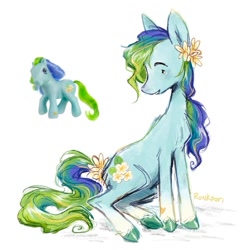 Size: 809x819 | Tagged: safe, artist:lutraviolet, derpibooru import, earth pony, pony, g3, female, flower, flower in hair, mare, simple background, solo, toy interpretation, tropical surprise, unshorn fetlocks, white background