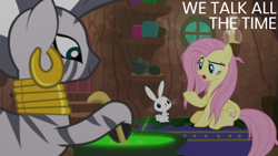 Size: 2000x1125 | Tagged: safe, derpibooru import, edit, edited screencap, editor:quoterific, screencap, angel bunny, fluttershy, zecora, she talks to angel, cauldron, messy hair, zecora's hut