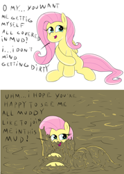 Size: 2000x2792 | Tagged: safe, artist:amateur-draw, derpibooru import, fluttershy, pegasus, covered in mud, cute, looking at you, looking back, looking back at you, mud, mud bath, mud play, mud pony, muddy, simple background, solo, text, wet and messy