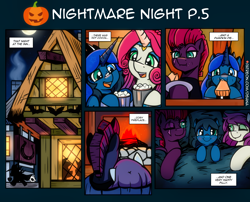 Size: 3508x2834 | Tagged: safe, artist:dsana, derpibooru import, fizzlepop berrytwist, tempest shadow, oc, oc:lullaby dusk, oc:thistledown, earth pony, pegasus, pony, unicorn, comic:a storm's lullaby, bed, chocolate, fireplace, food, hot chocolate, in bed, inn, nightmare night, one eye closed, pumpkin pie, smiling