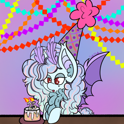 Size: 3000x3000 | Tagged: safe, artist:solardoodles, derpibooru import, oc, oc:solar sulfure, bat pony, fluffy pony, moth, mothpony, original species, pony, unicorn, antennae, birthday, birthday cake, cake, candle, chest fluff, ear fluff, ears, fangs, fire, fluffy, food, gradient background, hat, party hat, solo, table