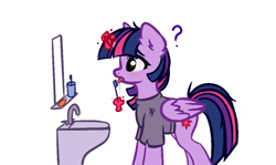 Size: 1084x644 | Tagged: safe, artist:vetta, derpibooru import, twilight sparkle, twilight sparkle (alicorn), alicorn, pony, blushing, brushing, brushing teeth, levitation, magic, question mark, simple background, solo, telekinesis, toothbrush, white background