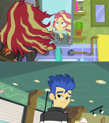 Size: 1280x1440 | Tagged: safe, derpibooru import, edit, edited screencap, screencap, flash sentry, sunset shimmer, eqg summertime shorts, equestria girls, equestria girls (movie), monday blues, bathroom, clothes, female, flashimmer, hoodie, looking at you, male, messy hair, mirror, shipping, smiling, straight