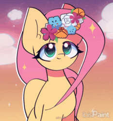 Size: 1400x1500 | Tagged: safe, artist:miryelis, derpibooru import, fluttershy, pegasus, pony, g4, animated, big ears, cloud, cute, ears, female, flower, flower in hair, gif, gradient background, long hair, looking up, mare, shyabetes, smiling, solo