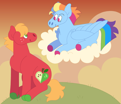 Size: 3748x3238 | Tagged: safe, artist:lepoppeta, derpibooru import, big macintosh, rainbow dash, earth pony, pegasus, pony, alternate cutie mark, cloud, colored hooves, duo, female, looking at each other, looking at someone, lying down, lying on a cloud, male, mare, on a cloud, ship:rainbowmac, shipping, stallion, story included, straight