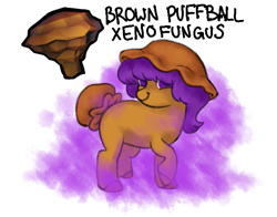 Size: 1131x887 | Tagged: safe, artist:wtfponytime, derpibooru import, alien, alien pony, original species, pony, bonnet, brown puffball xenofungus, crossover, deep rock galactic, fog, looking at you, mushroom, mushroom pony, pheromones, pheromones that make you shout mushroom, ponified, simple background, smiling, smiling at you, solo, species swap, spores, white background