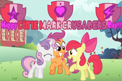 Size: 2269x1503 | Tagged: safe, artist:shieldwingarmorofgod, derpibooru import, apple bloom, scootaloo, sweetie belle, pony, apple bloom's bow, bow, cmc day, cutie mark, cutie mark crusaders, female, filly, foal, hair bow