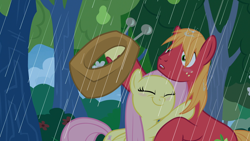Size: 1920x1080 | Tagged: safe, anonymous artist, derpibooru import, edit, edited screencap, screencap, big macintosh, fluttershy, earth pony, pegasus, pony, the perfect pear, big macintosh's yoke, character swap, cute, duo, duo male and female, eyes closed, female, fluttermac, hoof hold, horse collar, hug, macabetes, male, mare, rain, shipping, shyabetes, stallion, straight, surprised, wet, wet mane