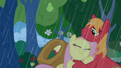 Size: 1920x1080 | Tagged: safe, anonymous artist, derpibooru import, edit, edited screencap, screencap, big macintosh, fluttershy, earth pony, pegasus, pony, the perfect pear, big macintosh's yoke, character swap, cute, duo, duo male and female, eyes closed, female, fluttermac, hoof hold, horse collar, hug, macabetes, male, mare, rain, shipping, shyabetes, smiling, stallion, straight, wet, wet mane