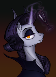 Size: 1300x1800 | Tagged: safe, artist:jehr, derpibooru import, rarity, pony, undead, unicorn, vampire, g4, bat ears, bat eyes, blood, clothes, commission, dracula, ear fluff, ears, eyebrows, eyeshadow, fangs, female, glass, glowing, glowing eyes, glowing horn, gradient background, horn, lidded eyes, long ears, long horn, long neck, looking at you, magic, makeup, mare, solo, telekinesis, wine glass