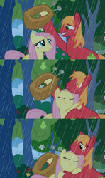 Size: 1920x3240 | Tagged: safe, anonymous artist, derpibooru import, edit, edited screencap, screencap, big macintosh, fluttershy, earth pony, pegasus, pony, the perfect pear, big macintosh's yoke, character swap, comic, cute, duo, duo male and female, eyes closed, female, fluttermac, grin, hoof hold, horse collar, hug, looking at each other, looking at someone, macabetes, male, mare, rain, screencap comic, shipping, shyabetes, smiling, smiling at each other, stallion, straight, surprised, wet, wet mane