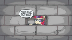 Size: 1192x670 | Tagged: safe, artist:mysticalpha, derpibooru import, moondancer, pony, unicorn, brick, brick wall, fanart, glasses, goodbye cruel world, pink floyd, solo, song reference, the wall, wall