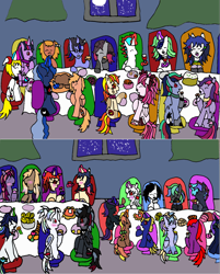 Size: 1348x1675 | Tagged: safe, artist:ask-luciavampire, derpibooru import, oc, alicorn, earth pony, pegasus, pony, undead, unicorn, vampire, vampony, food, holiday, thanksgiving, tumblr