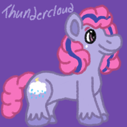 Size: 1000x1000 | Tagged: safe, artist:mintwhistle, derpibooru import, part of a set, earth pony, pony, g1, big brother ponies, colored hooves, freckles, male, medibang paint, mountain boy ponies, multicolored mane, purple background, simple background, smiling, solo, stallion, thundercloud (g1), unshorn fetlocks