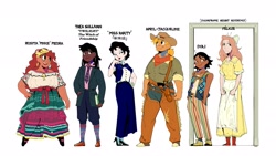 Size: 2048x1151 | Tagged: safe, artist:bixels, derpibooru import, applejack, fluttershy, pinkie pie, rainbow dash, rarity, sci-twi, twilight sparkle, human, 1920s au, alternate hairstyle, alternate name, alternate universe, curly hair, dark skin, dreadlocks, humanized, light skin, mane six, moderate dark skin, pale skin, simple background, tan skin, white background