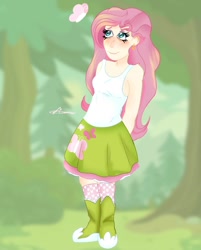 Size: 1114x1384 | Tagged: safe, artist:burbernoodle, derpibooru import, fluttershy, butterfly, human, blushing, boots, clothes, cute, ear piercing, earring, female, hands behind back, humanized, jewelry, piercing, shoes, shyabetes, skirt, socks, solo, stockings, tanktop, thigh highs, tree