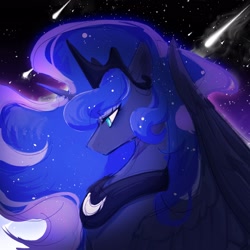 Size: 2048x2048 | Tagged: safe, artist:qamar, derpibooru import, princess luna, alicorn, pony, g4, blue eyes, blue mane, crown, digital art, ethereal mane, eyelashes, feather, female, flowing mane, horn, jewelry, lidded eyes, mare, night, peytral, regalia, sad, shooting star, stars, wings