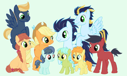 Size: 2171x1300 | Tagged: safe, artist:karmadash, derpibooru import, apple bloom, applejack, big macintosh, granny smith, soarin', oc, oc:ala mode, oc:autumn glory, oc:autumnglory, oc:buttercup, oc:coltland, oc:red barron, oc:soarin jr, oc:soarinjr, oc:storm wrangler, oc:stormwrangler, apple family, big family, commission, cute, family, female, freckles, green background, green eyes, male, married couple, next generation, offspring, parent:applejack, parent:soarin', parents:soarinjack, pregnant, shipping, simple background, soarinjack, straight