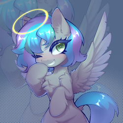 Size: 2500x2500 | Tagged: artist needed, source needed, safe, derpibooru import, oc, oc only, oc:virtuous hope, pegasus, pony, bipedal, chest fluff, ear fluff, ears, female, fluffy, halo, looking at you, mare, mischievous, one eye closed, pegasus oc, smiling, smiling at you, smug, solo, spread wings, wings, wink, winking at you, zoom layer