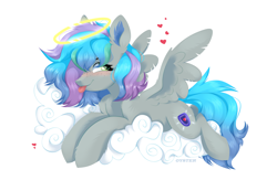 Size: 3542x2311 | Tagged: safe, artist:deadoyster, derpibooru import, oc, oc only, oc:virtuous hope, pegasus, pony, cloud, female, on a cloud, pegasus oc, simple background, smug, solo, tongue, tongue out, white background